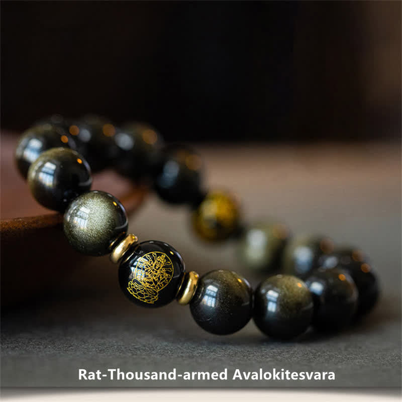 Pulsera de protección de la riqueza de obsidiana con brillo dorado del Buda Natal del zodíaco chino