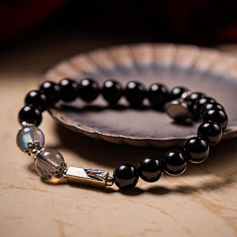 Pulsera de pareja de fuerza de piedra lunar de obsidiana de plata de ley 925