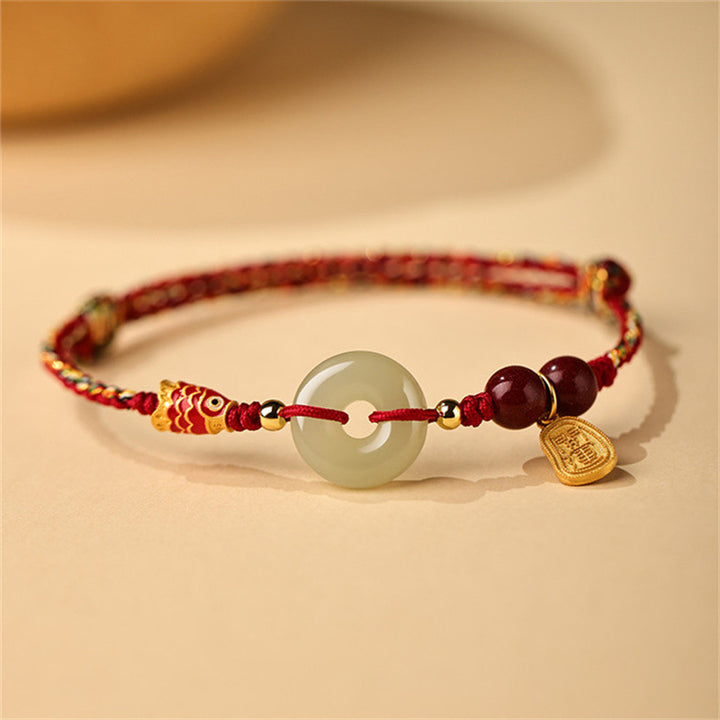 Pulsera de plata de ley 925 con Buddha Stones , pez koi, jade hetiano, hebilla de la suerte