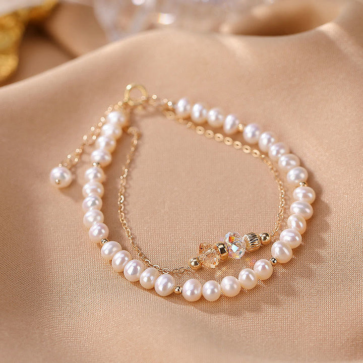 Pulsera de doble capa curativa con cristales de perlas naturales chapada en oro de 14 quilates de plata de ley 925 con Buddha Stones