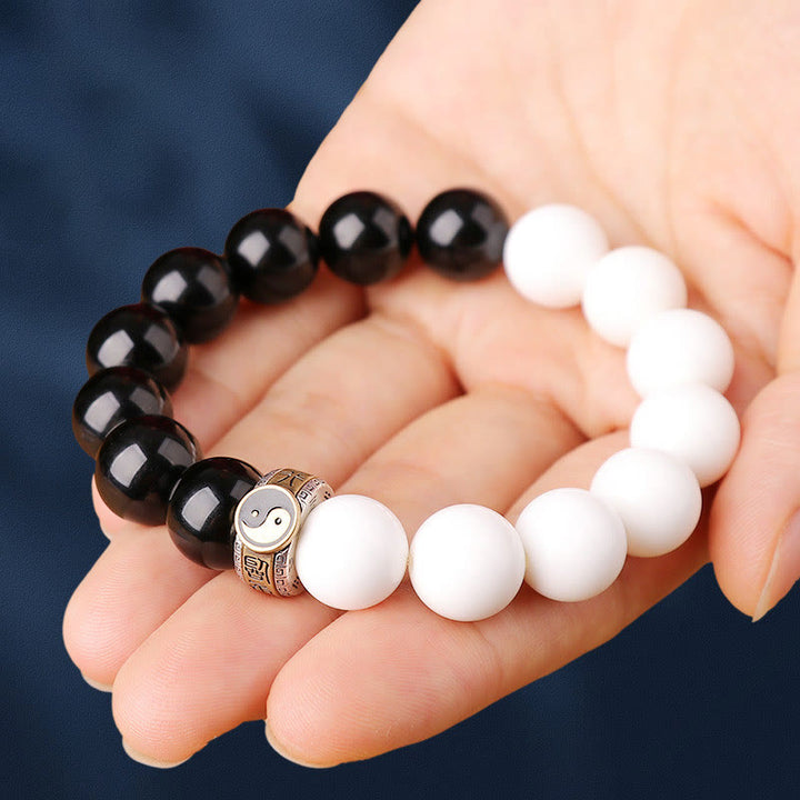 Pulsera de fuerza Yin Yang de concha blanca de obsidiana negra de plata de ley 925 con Buddha Stones