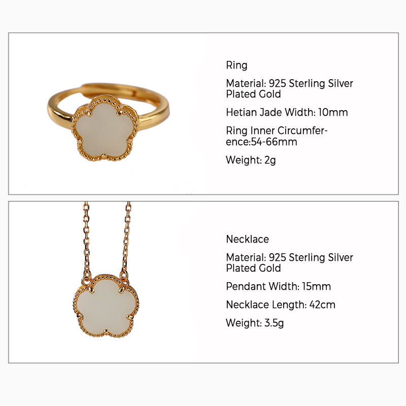 Juego de anillos y collar con colgante de flor de jade hetiano natural chapado en plata de ley 925 con Buddha Stones