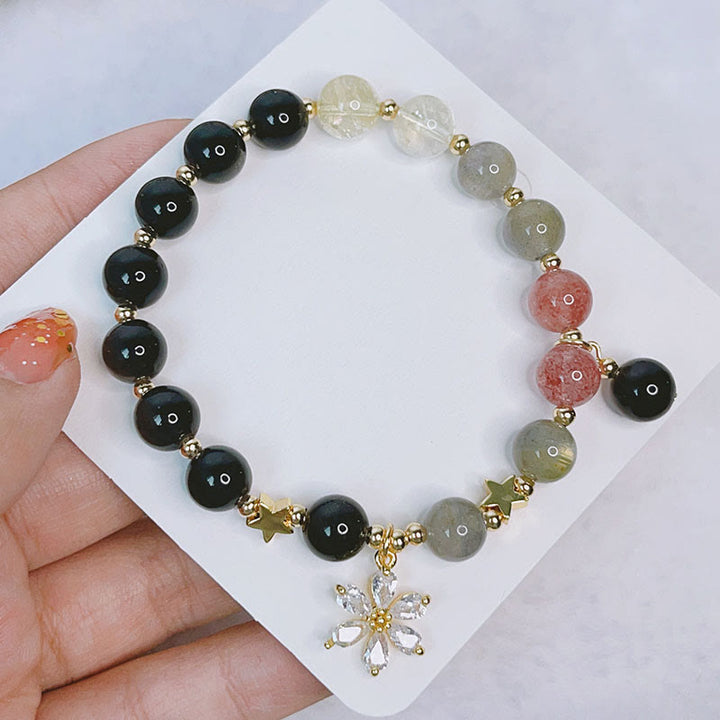 Pulsera de protección de flor de estrella de corazón de amor de obsidiana con brillo de plata natural de Buddha Stones