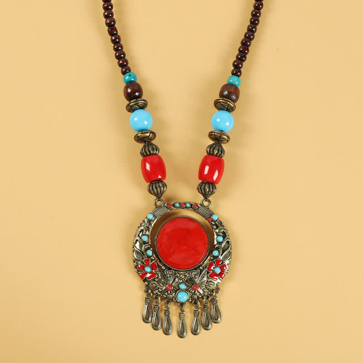 Accesorios para el cabello con borlas y cuentas retro tibetanas - Flor roja - image 15