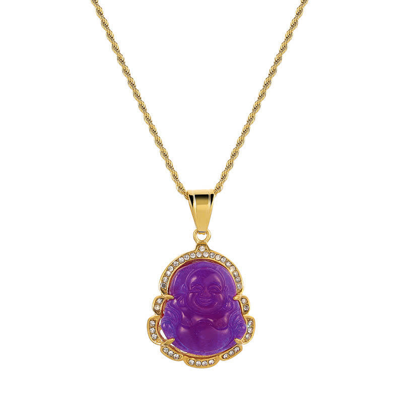 Colgante de cadena con collar de la suerte de jade de Buda sonriente relleno de oro de 18 quilates con Buddha Stones - image 18