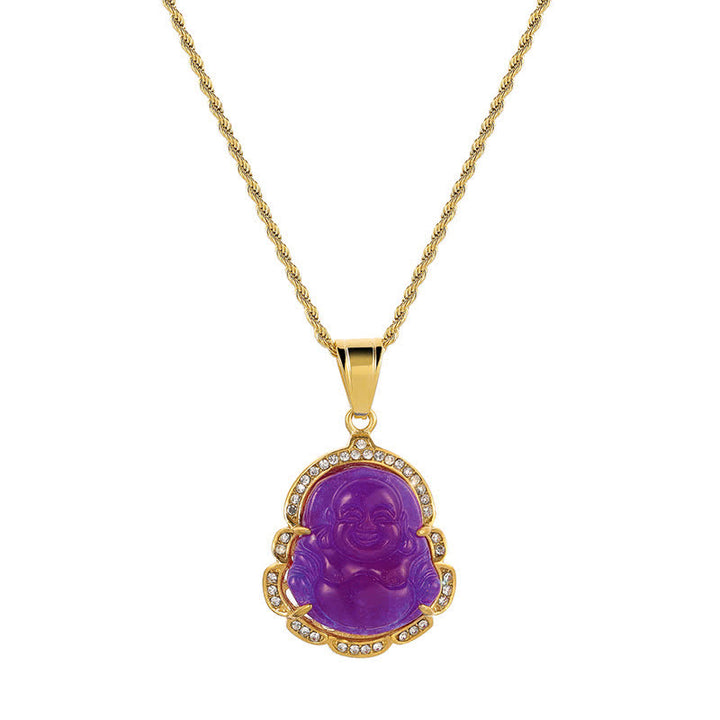 Colgante de cadena con collar de la suerte de jade de Buda sonriente relleno de oro de 18 quilates con Buddha Stones - image 18