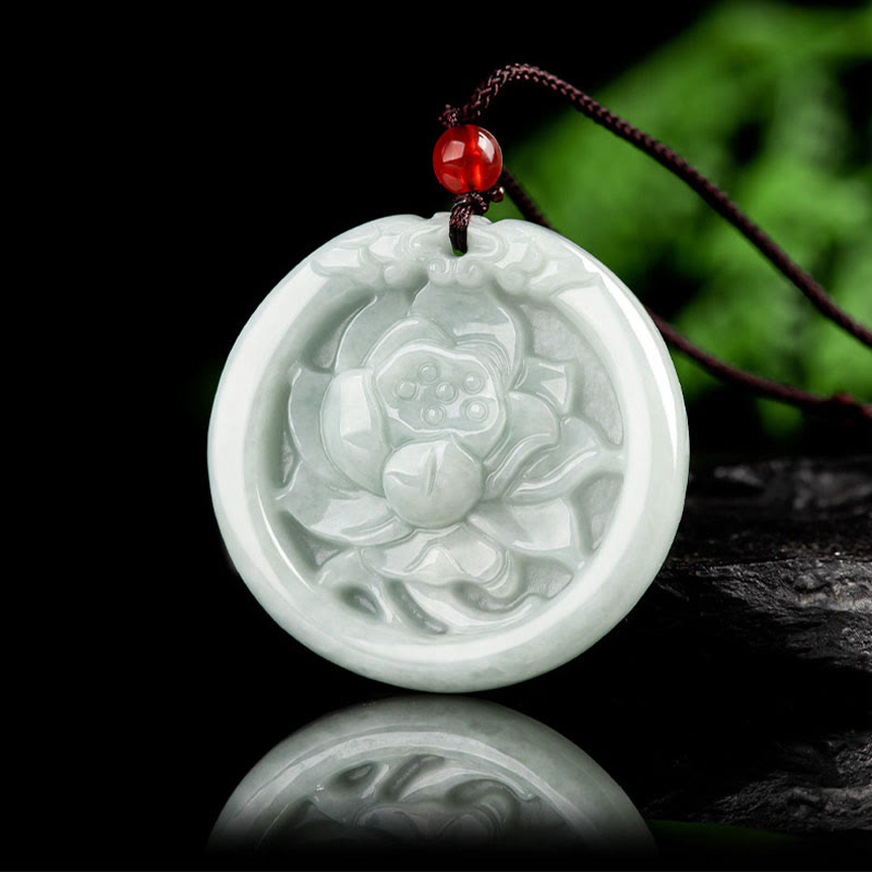 Colgante de collar de prosperidad tallada con flor de loto de jade natural con Buddha Stones - image 2