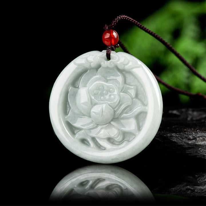 Colgante de collar de prosperidad tallada con flor de loto de jade natural con Buddha Stones - image 2