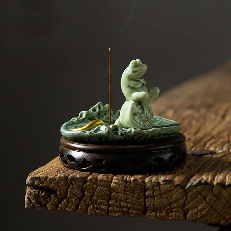 Quemador de incienso de cerámica curativo con patrón de rana para meditación de hojas de Buddha Stones, decoración