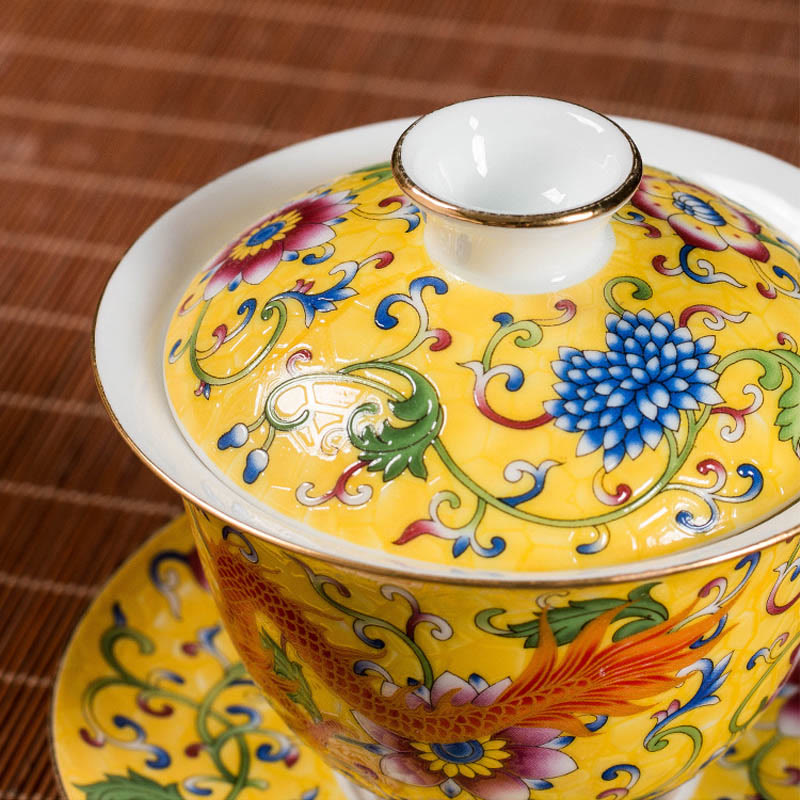 Taza de té de cerámica con diseño de flor de Fénix y dragón, Buddha Stones , Gaiwan Sancai, taza de té de Kung Fu y platillo con tapa