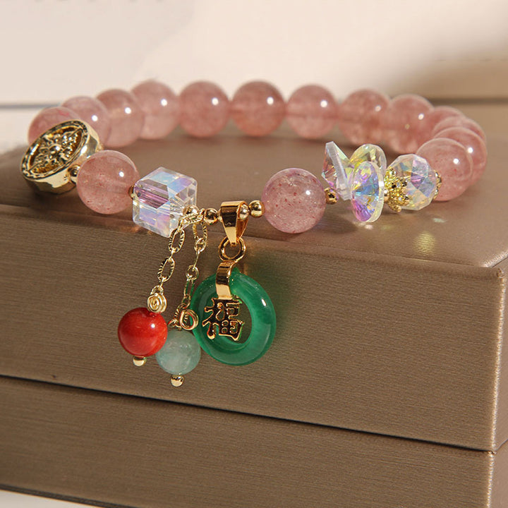 Pulsera curativa con dije de personaje Fu de jade, cuarzo fresa y piedras de Buddha Stones