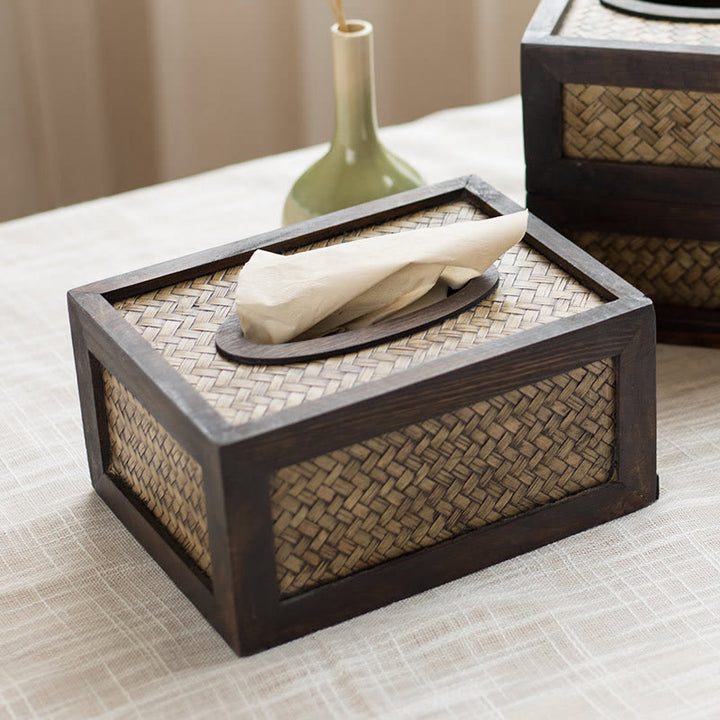 Caja de pañuelos de madera tejida de bambú hecha a mano, soporte de madera para pañuelos, cajas de toallitas, decoración