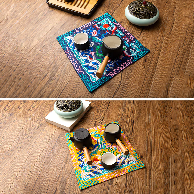 Alfombrilla para taza bordada con Buddha Stones , dragón Fénix, Kirin, posavasos para taza de té, tapete para té Kung Fu