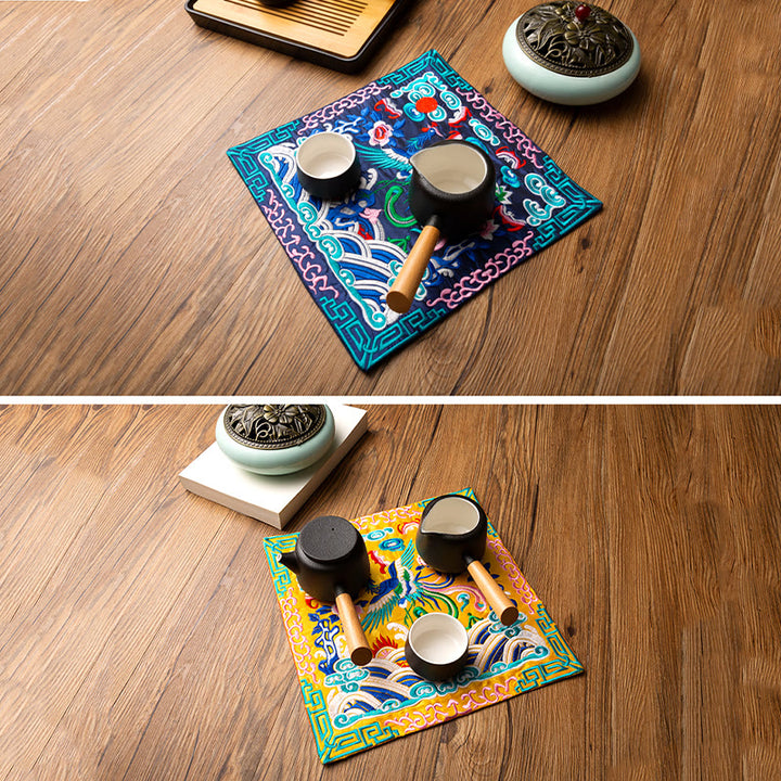 Alfombrilla para taza bordada con Buddha Stones , dragón Fénix, Kirin, posavasos para taza de té, tapete para té Kung Fu
