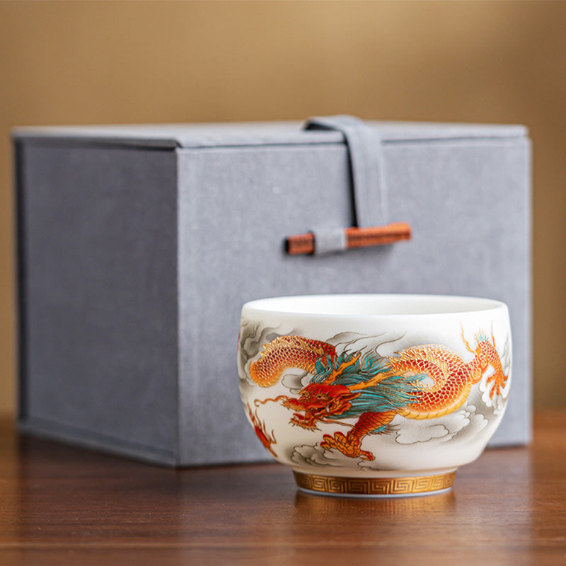 Taza de té de cerámica con caja de regalo, tazas de té de Kung Fu con Buddha Stones , dragón, Fénix, nubes propicias
