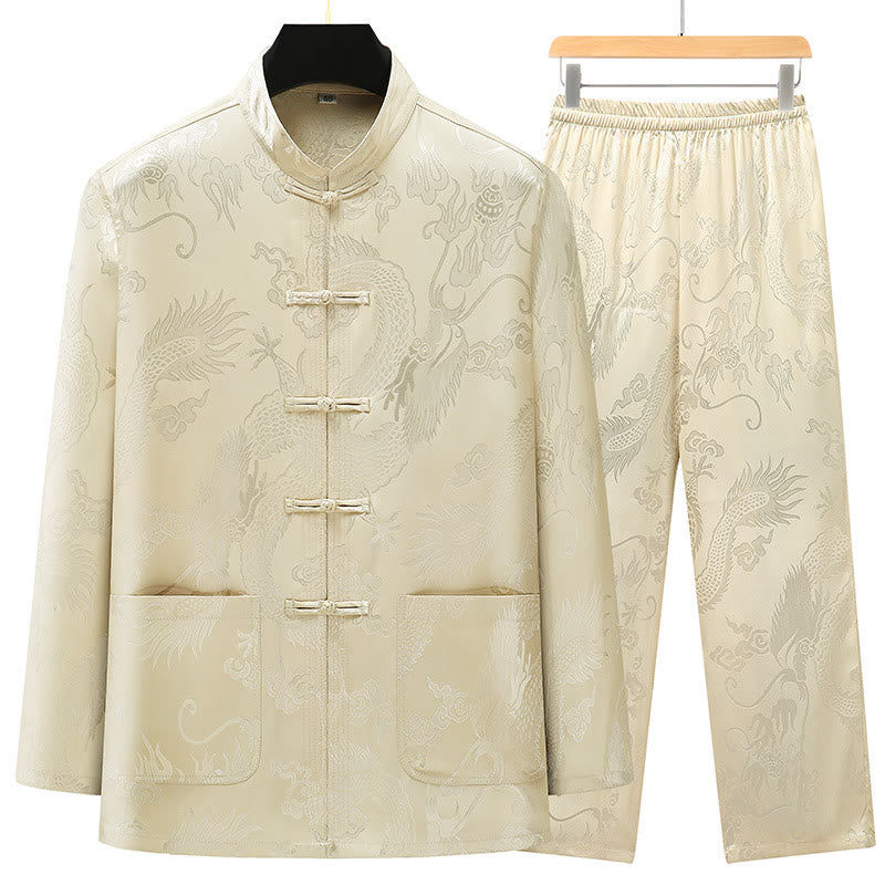 Traje Tang de Buddha Stones Hombres Hanfu Dragón Chino Ropa Tradicional Camisa de Kung Fu Uniforme Abrigo de Manga Larga Tops y Pantalones Ropa Conjunto para Hombres - Beige - US/UK/AU42, EU52 (3XL) - image 17