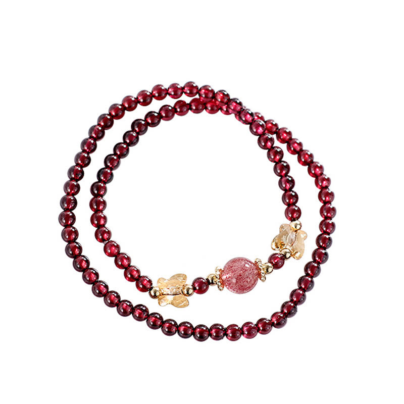 Pulsera de doble vuelta con protección de mariposa, cuarzo fresa, granate natural, chapada en oro de 14 quilates con Buddha Stones