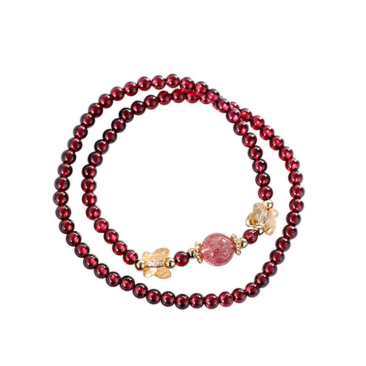 Pulsera de doble vuelta con protección de mariposa, cuarzo fresa, granate natural, chapada en oro de 14 quilates con Buddha Stones