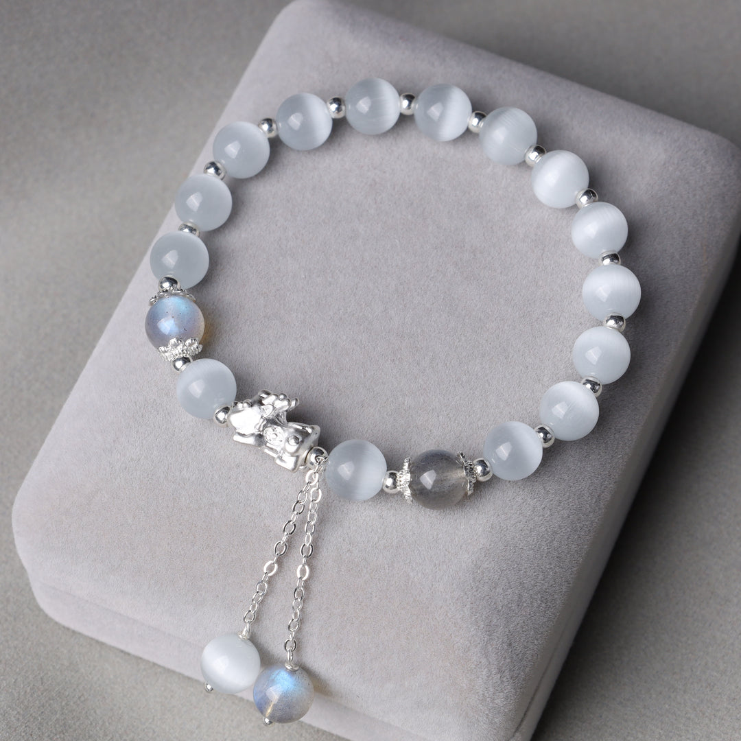 Pulsera de soporte PiXiu de cuarzo fresa, piedra lunar, ojo de gato natural, Buddha Stones