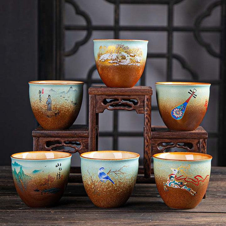 Buddha Stones, ciervo colorido, Pipa, nieve, flores de ciruelo, montañas, ríos, pájaro, taza de té de cerámica, tazón de té de Kung Fu