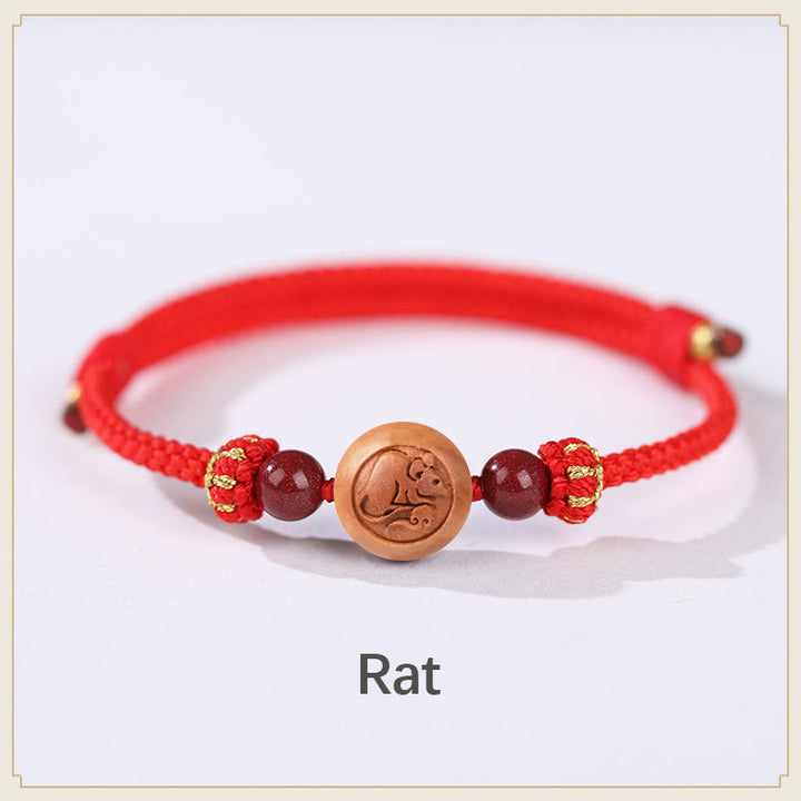 Pulsera de riqueza de cinabrio tallada con carácter del zodíaco chino, madera de melocotón Natural, Buddha Stones