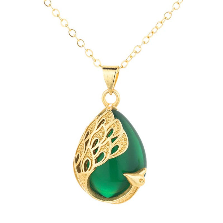 Colgante de collar de amor calmante de cobre de pavo real de Calcedonia Verde de cristal rosa