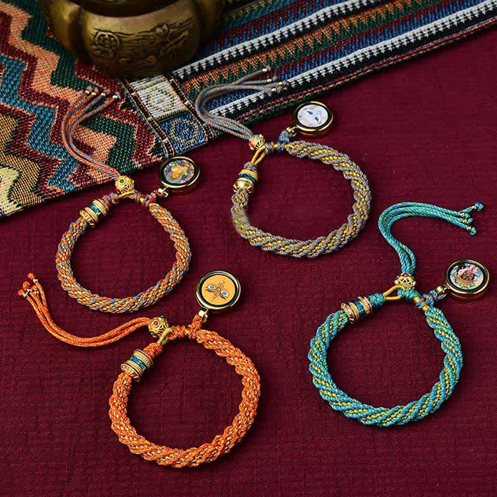 Pulsera de cuerda tejida con dije de rueda de oración Thangka de la suerte hecha a mano tibetana con Buddha Stones