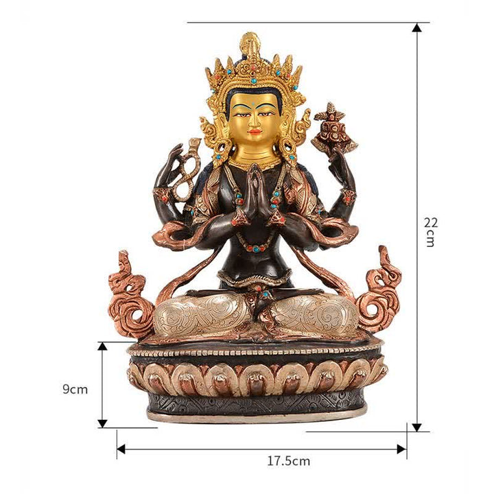 Decoración de estatua de cobre de protección Avalokitesvara de cuatro brazos Bodhisattva Chenrezig