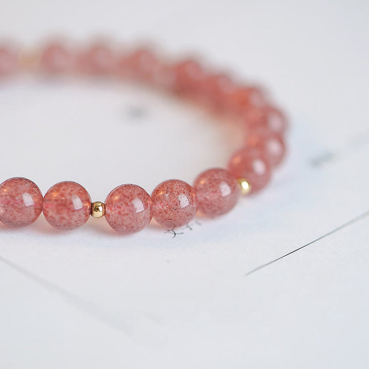 Pulsera con dije curativo de personaje Fu de cuarzo fresa chapado en oro de 14 quilates con Buddha Stones