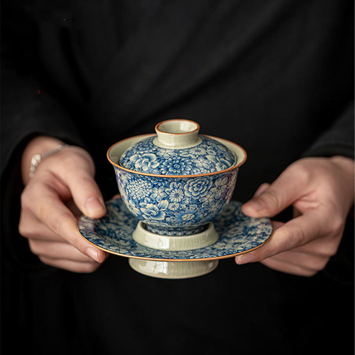 Buddha Stones azul y blanca vintage Flor de durazno Loto Peonía Cerámica Gaiwan Sancai Taza de té Kung Fu Taza de té y platillo con tapa - image 7