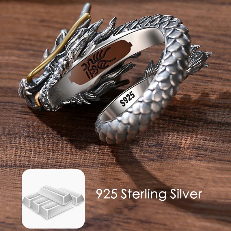 Anillo ajustable de fuerza de protección con diseño de dragón vintage de plata de ley 925 con Buddha Stones