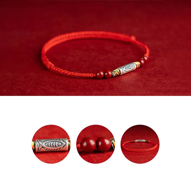 Pulsera tobillera trenzada hecha a mano con cuentas de cinabrio y pez Koi de plata de ley 925 con Buddha Stones