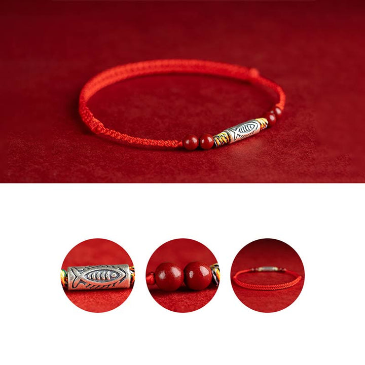 Pulsera tobillera trenzada hecha a mano con cuentas de cinabrio y pez Koi de plata de ley 925 con Buddha Stones