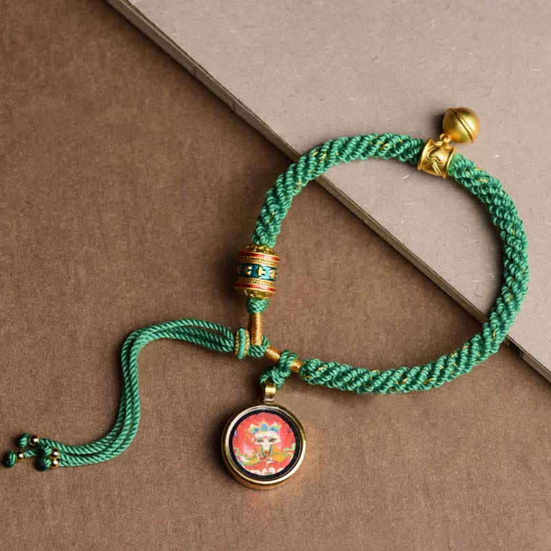 Buddha Stones de hilo trenzado con campana y rueda de oración tibetana de los Cinco Dioses de la Riqueza y Thangka de la Suerte