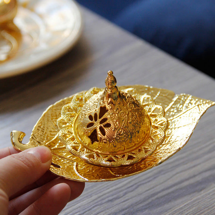 Quemador de incienso de meditación con posavasos de mini hojas de oro tibetano