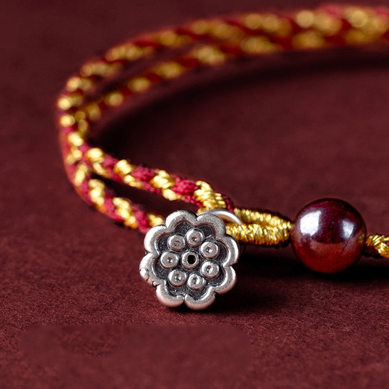 Pulsera trenzada con dije de paz y alegría de loto de cuerda de oro rojo hecha a mano con Buddha Stones