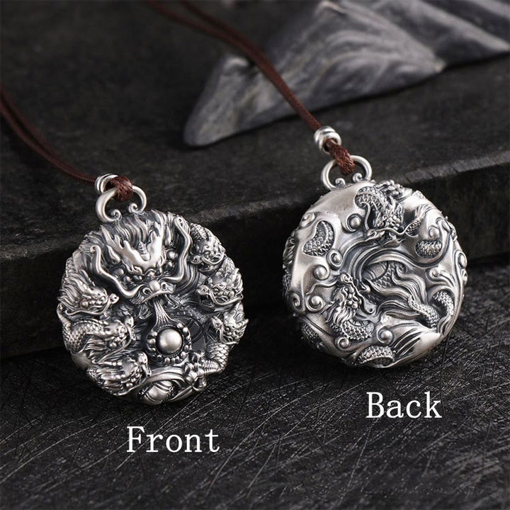 Collar con colgante de plata de ley 999 con Buddha Stones , nueve dragones jugando con una perla, protección de la suerte