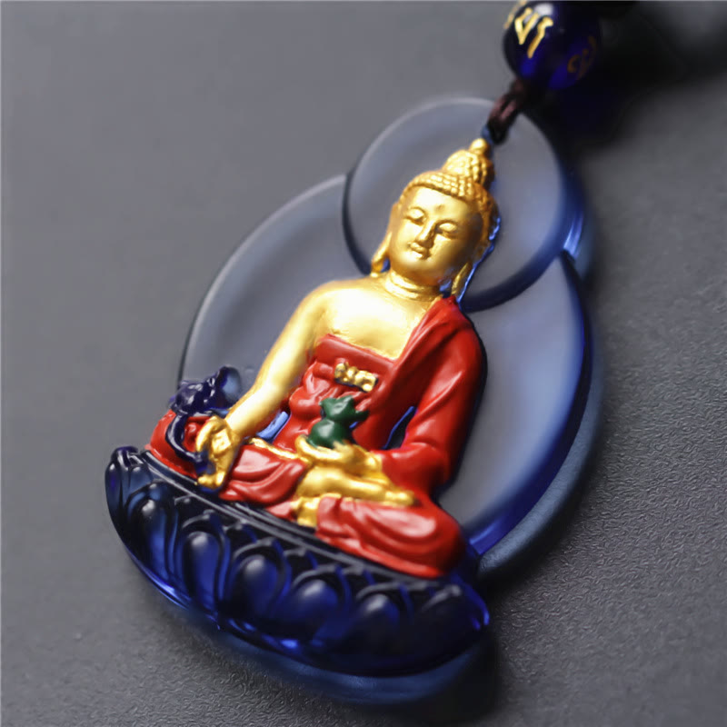 Buddha Stones Tíbet Medicina Buda Liuli Cristal Compasión Collar Colgante - Buda de la Medicina de Oro Azul - image 1