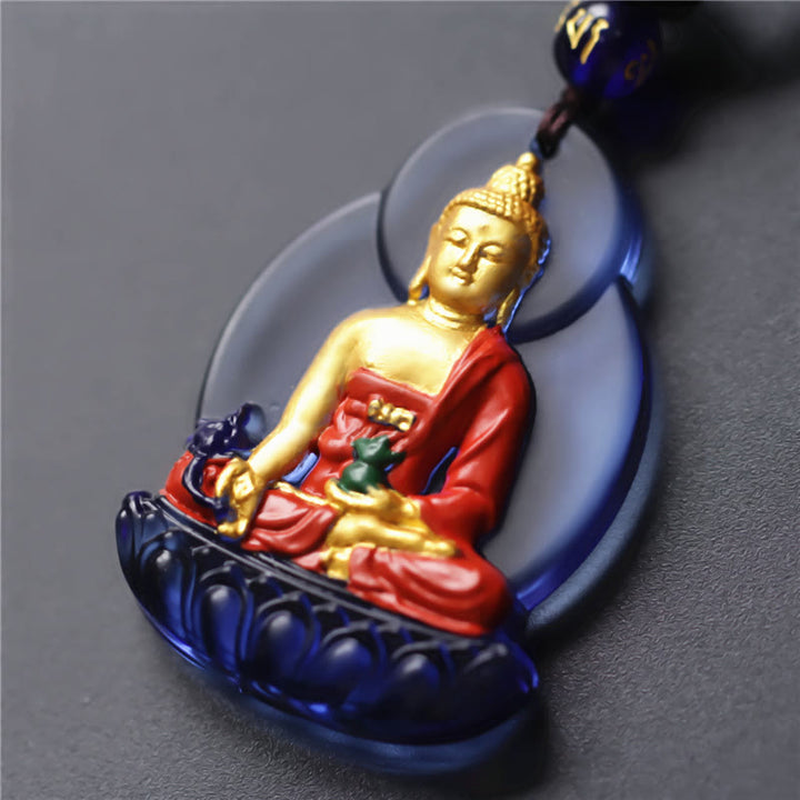 Buddha Stones Tíbet Medicina Buda Liuli Cristal Compasión Collar Colgante - Buda de la Medicina de Oro Azul - image 1