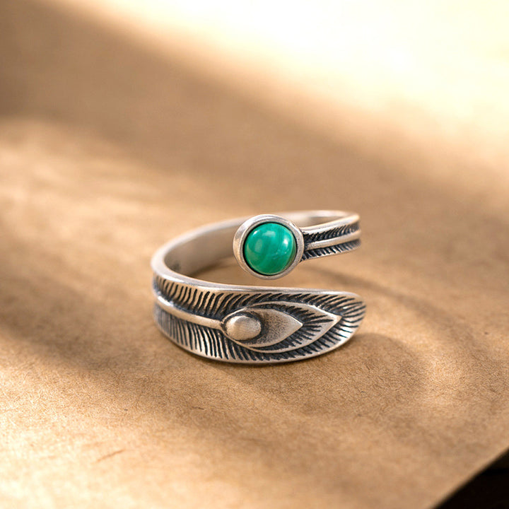 Anillo de protección de plumas de cuentas de malaquita de plata de ley 925