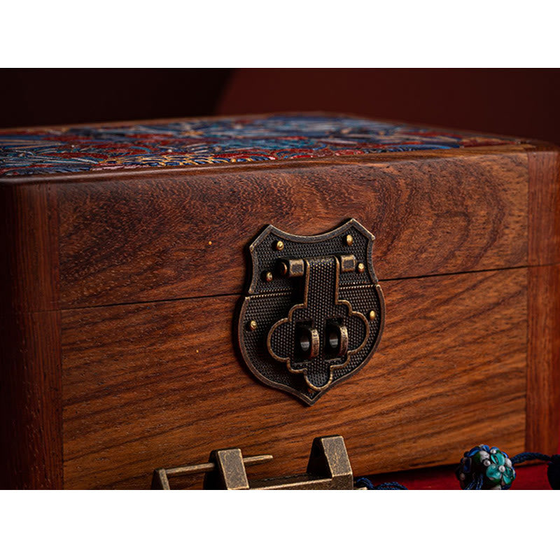 Caja de almacenamiento de joyería de palisandro con estampado floral hecha a mano retro, caja organizadora de regalo de madera con cerradura