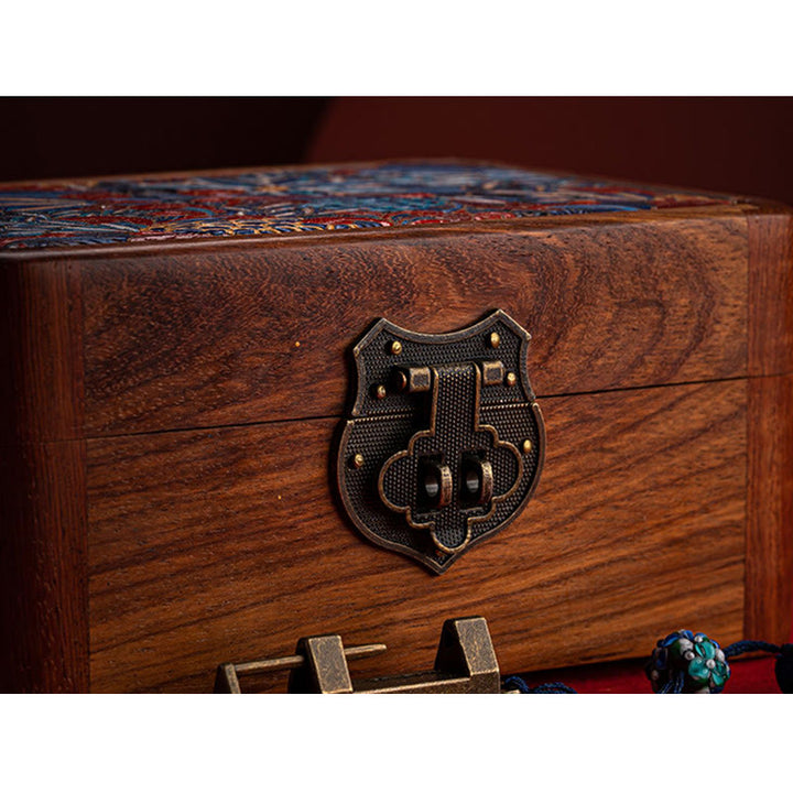 Caja de almacenamiento de joyería de palisandro con estampado floral hecha a mano retro, caja organizadora de regalo de madera con cerradura