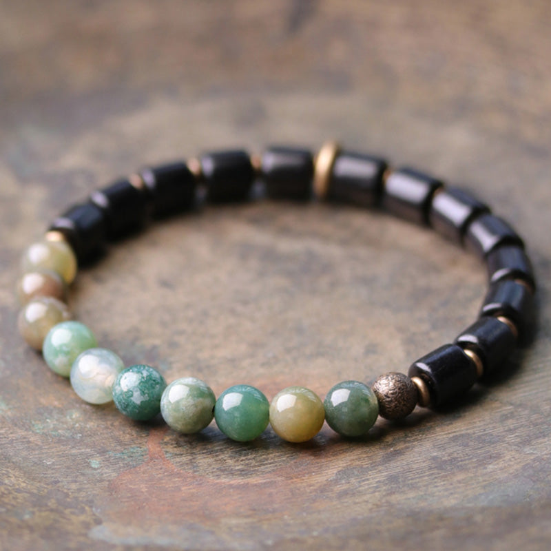 Pulsera de pareja de paz con Buddha Stones, madera de ébano, jaspe rojo, ágata de musgo, cristal, cobre