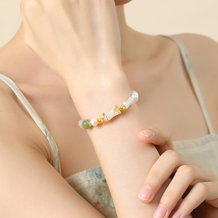 Pulsera de bendición de la suerte de bambú de jade blanco hetiano natural de plata de ley 925 con Buddha Stones