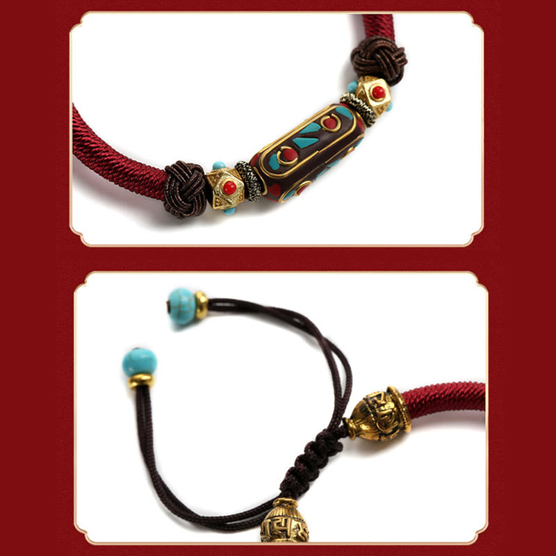 Pulsera trenzada de fuerza Om Mani Padme Hum de turquesa tibetana hecha a mano con Buddha Stones