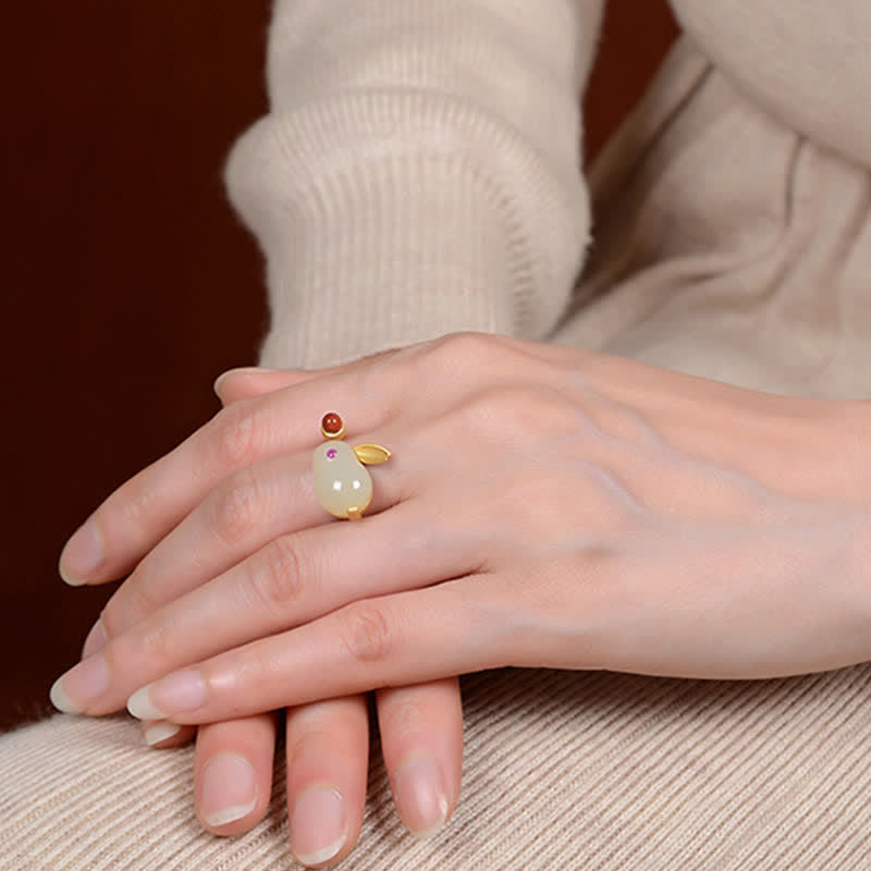 Buddha Stones Plata de Ley 925 Año del Conejo Hetian Jade Anillo de la Suerte Pendientes Collar Colgante