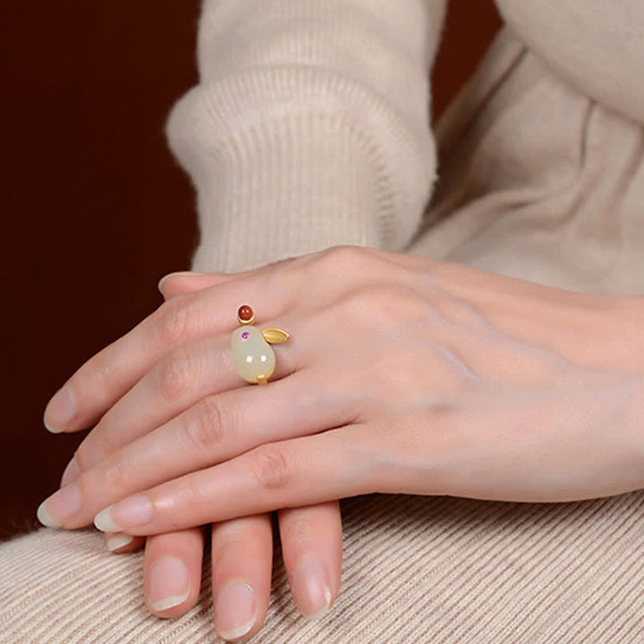 Buddha Stones Plata de Ley 925 Año del Conejo Hetian Jade Anillo de la Suerte Pendientes Collar Colgante