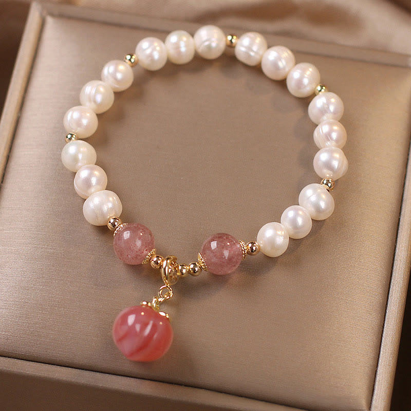 Pulsera con dije de sabiduría de corazón de amor de melocotón de cuarzo de fresa de perlas naturales de Buddha Stones