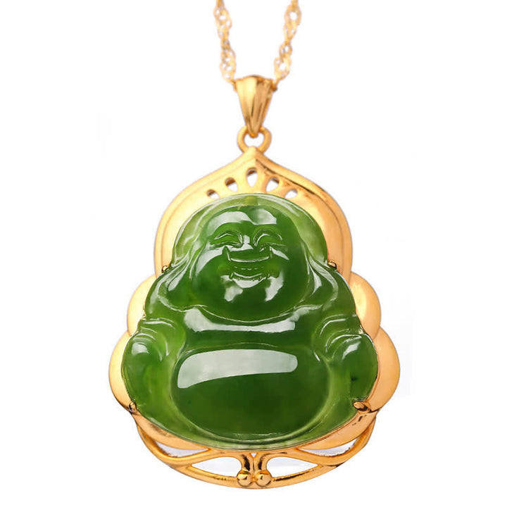 Colgante de cadena de collar curativo de oro de 18 quilates de Buda sonriente de jade cian hetiano natural de plata de ley 925 - image 11