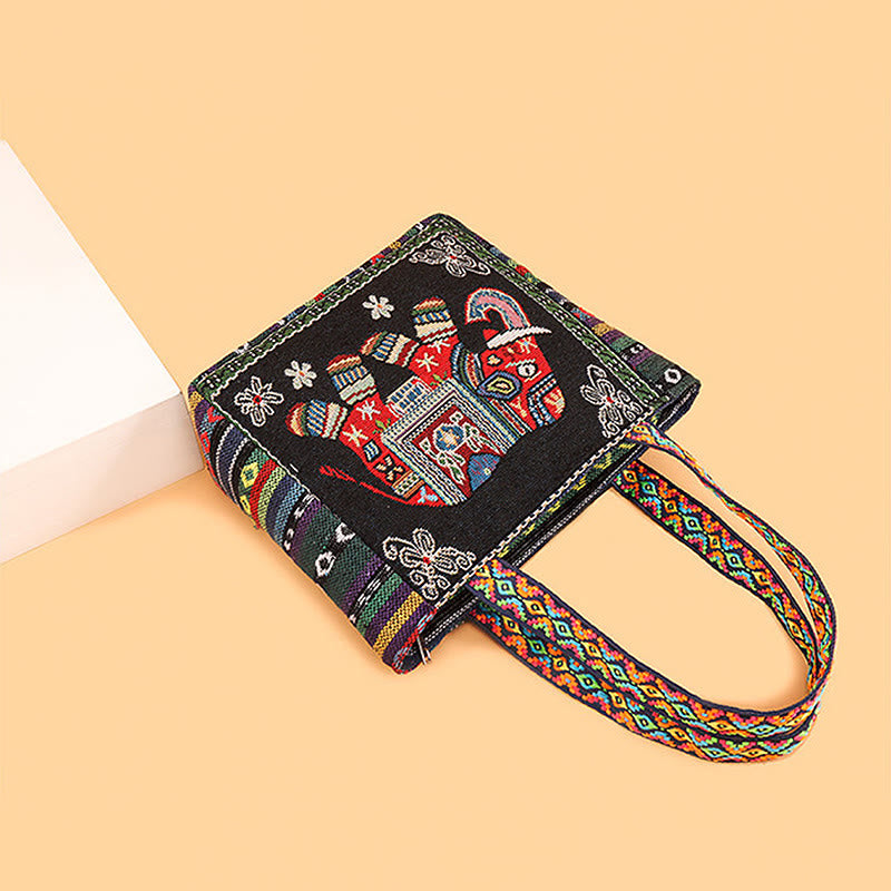 Bolso bandolera de lona de gran capacidad con bordado de mariposa y elefante